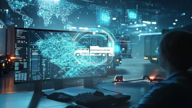 A logistics professional working at night, analyzing a digital map and tracking a fleet of trucks in real time. The illuminated screens and parked trucks highlight advanced supply chain management 