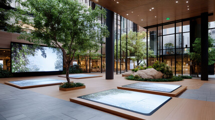 Fototapeta premium Futuristic city square featuring digital art installations and greenery