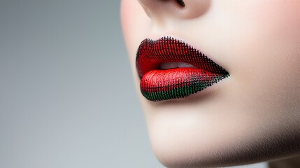 Close-up of red and green lips, beauty makeup, studio shot, grey background, cosmetic advertisement