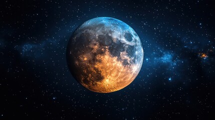 Obraz premium Stunning view of a luminous moon against a starry night sky, showcasing celestial beauty and tranquility