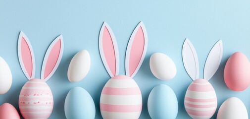 Whimsical Easter composition with bunny ears and profiles integrated into egg shapes, arranged on a light blue canvas