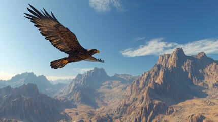 A soaring eagle glides over majestic mountains under a clear blue sky.