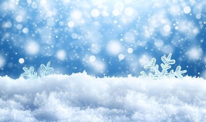 Fototapeta premium Snowflakes on snowdrift, winter bokeh background, festive card