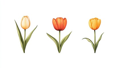 Obraz premium Three vibrant tulips in varying colors of orange and yellow against a white background