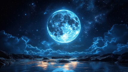 A breathtaking blue moon illuminates a tranquil ocean scene with rocky formations and clouds