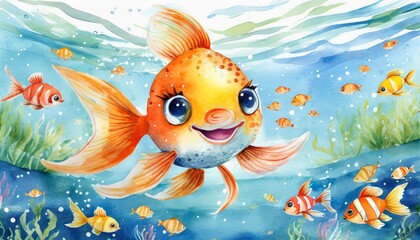 Naklejka premium Cute baby Goldfish smiling happily in a deep sea background, children's book style, watercolor effect