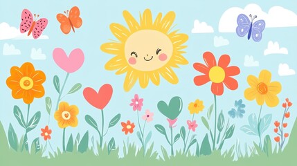 Colorful cartoon garden with heart-shaped flowers and smiling sun valentine's theme digital art cheerful environment playful design