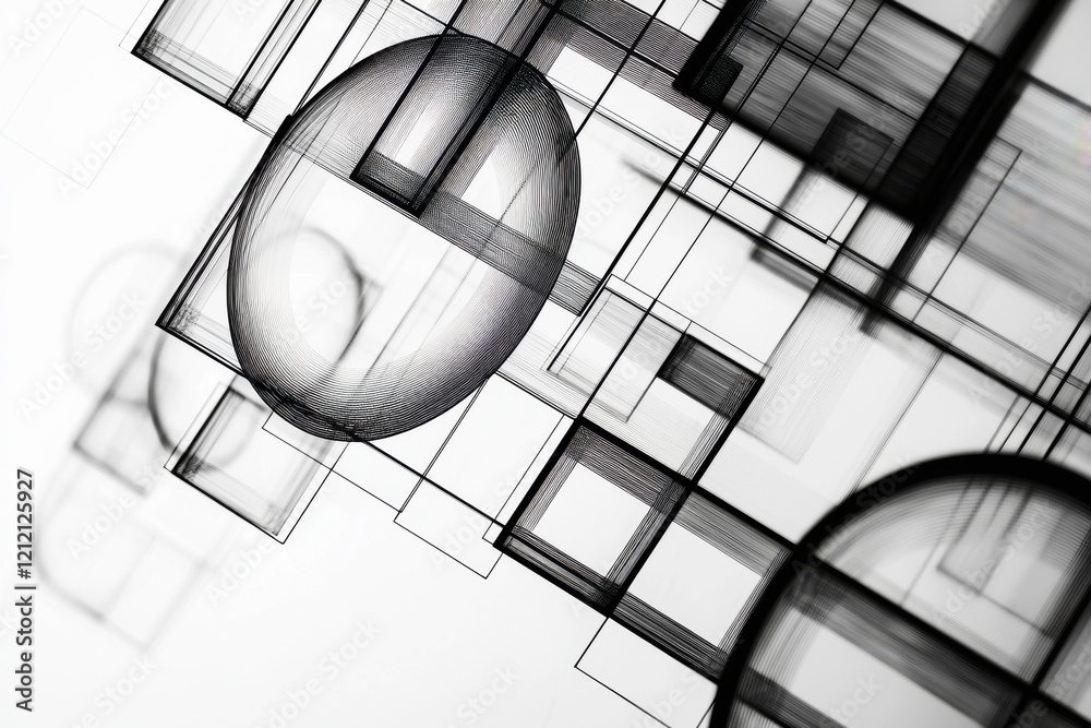 Poster intersecting geometric shapes create a visually stimulating abstract line art composition in black a