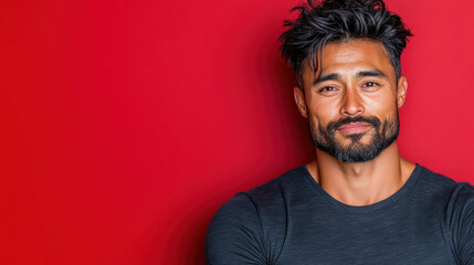 Obraz premium Relaxed Asian man with beard against vibrant red background
