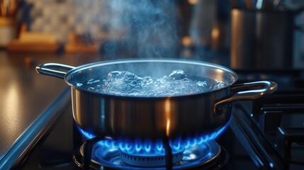 Cooking pot with boiling water on a gas stove, steam rising and heat waves visible for realistic kitchen imagery.