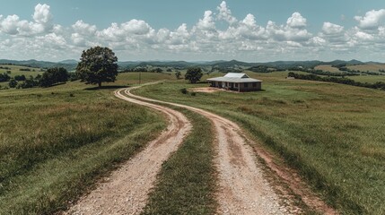 Rural house, winding road, hilltop view, summer landscape, peaceful scene