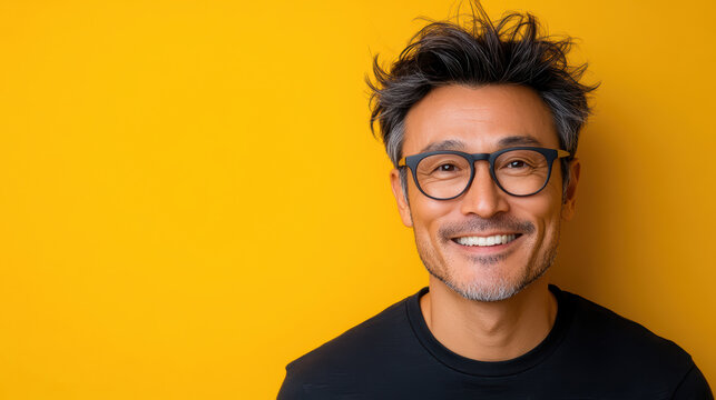 Friendly Asian man smiling against bright yellow background