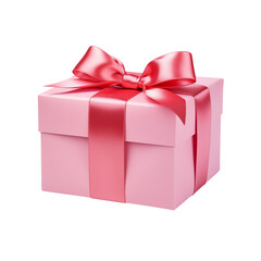 A square pink gift box tied with a large red bow.