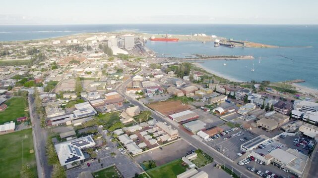 Seafront City And Port Of Geraldton In Western Australia. Aerial Drone Shot