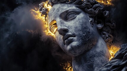 Marble sculpture of Apollo Belvedere with glowing golden accents