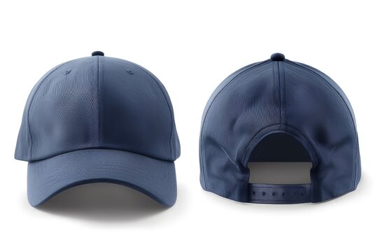 A navy blue cap displayed from the front and back, showcasing its design and style. isolated on white background