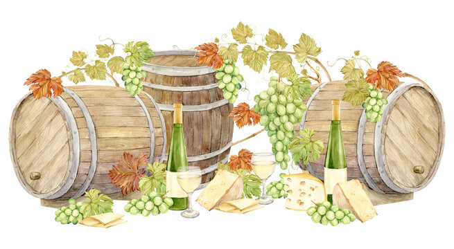 watercolor wine barrels, grapes, cheese, bottles clip art preview