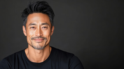 Obraz premium Smiling Asian man with short hair and serious expression against dark background