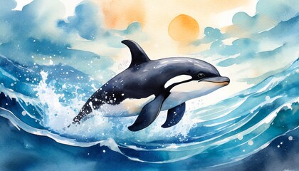Fototapeta premium Cute baby Orca smiling happily in a ocean background, children's book style, watercolor effect