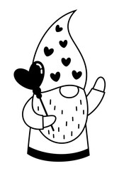 Black and white gnome clipart. Valentines day clipart. Cute Valentine gnome doodle in cartoon flat style. Hand draw vector illustration