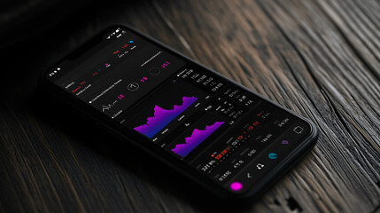 Smartphone displaying stock market data on a wooden surface.