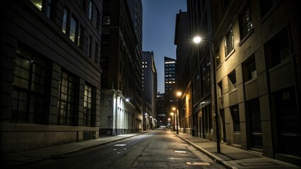 Dark alleys lined with tall buildings and streetlights, , alleys