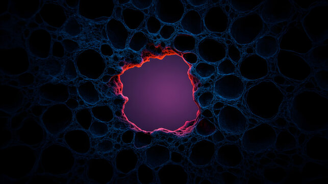 Minimal art, Porous organic matter illuminated by red and blue light creating a central violet void in a minimal art composition - Powered by Adobe