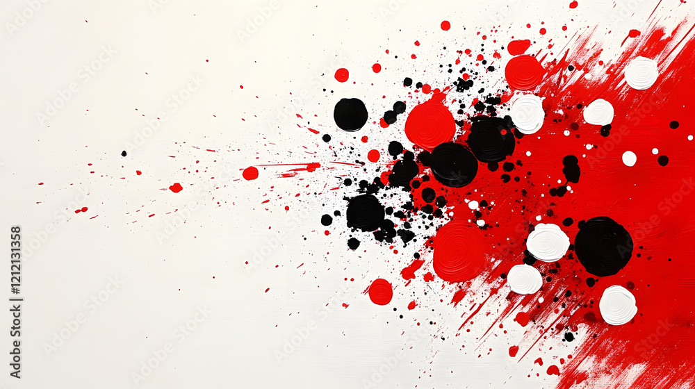 Poster a vibrant abstract composition featuring splashes of red, black, and white paint, creating a dynamic