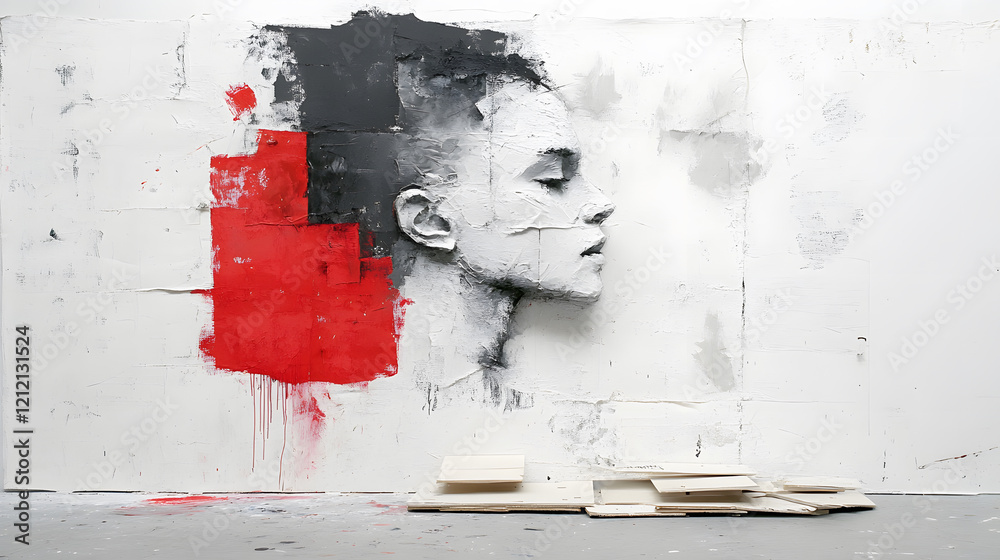 Poster A striking mural features a monochrome profile with splashes of red and black, creating a powerful visual impact against a white wall