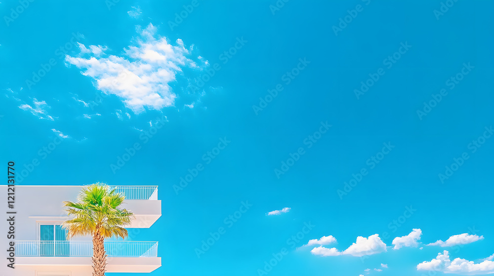 Poster a vibrant blue sky with fluffy clouds overhead and a modern white building featuring a palm tree in 