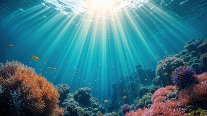 Naklejka premium A vibrant underwater scene of a colorful coral reef teeming with life. Various corals in shades of red, pink, and yellow are surrounded by schools of tropical fish, starfish, and sea anemones.