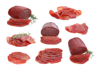 Tasty fresh bresaola isolated on white, set