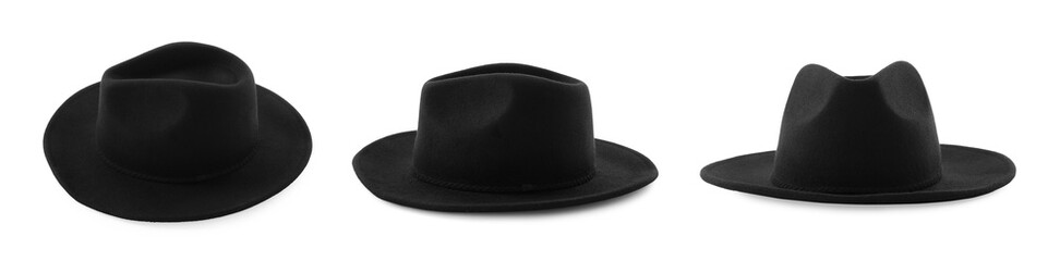 Stylish black hat isolated on white, collage. Fashionable accessory