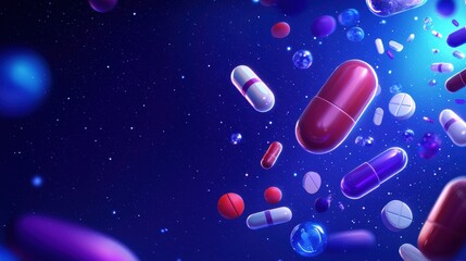 A vibrant illustration of colorful capsules and pills floating in a cosmic background, representing pharmaceuticals and health.