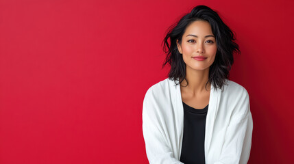 Fototapeta premium Confident Asian woman with stylish look against red background