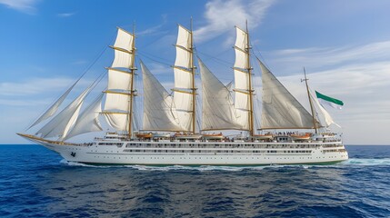 Obraz premium Luxury sailing ship cruising tropical ocean, sunny sky