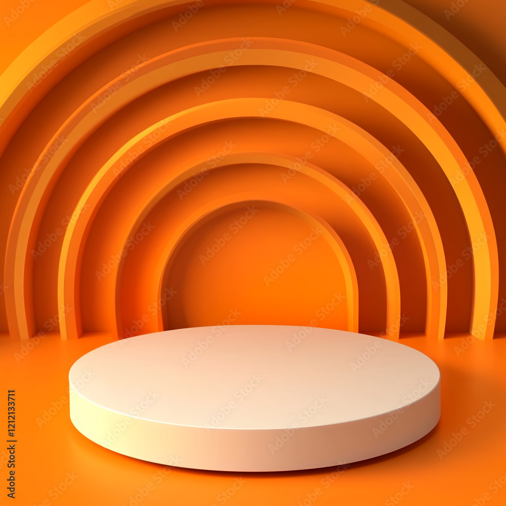 Poster modern orange podium with abstract curved arch design for display and mockup