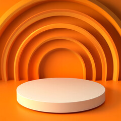 Obraz premium Modern Orange Podium with Abstract Curved Arch Design for Display and Mockup