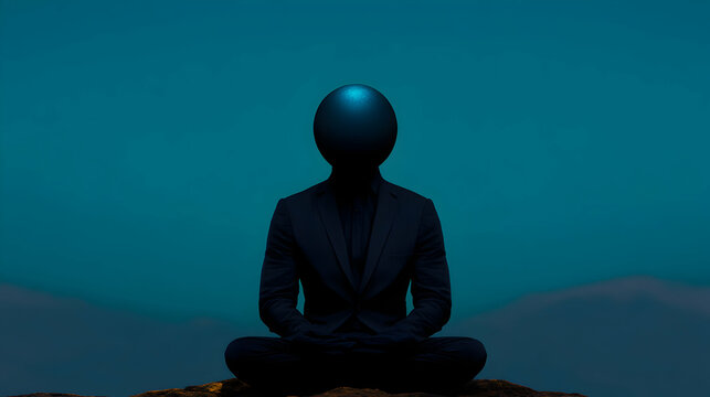 Minimal art, Businessperson levitating, geometric sphere replacing head, representing mindful concentration and corporate zen landscape