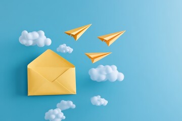 Concept for sending e-mails and e-commerce business. Email marketing. Paper planes flying out of the envelope, Generative AI