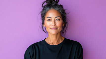 Fototapeta premium confident Asian woman with playful expression against purple background