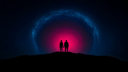 Minimal art, Silhouette of a couple holding hands standing on a hilltop at night looking at a glowing portal in the sky