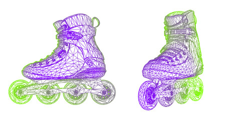 Futuristic low poly image of roller skates, consisting of glowing lines, triangles, isolated on a dark blue background. Modern frame design. Vector illustration