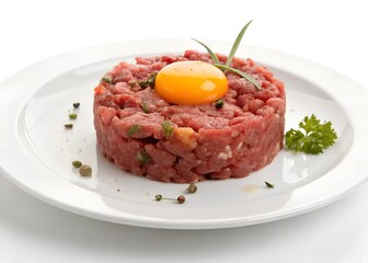 
Tartar beefsteak - a dish of raw beef meat, on a white plate, isolated on a white background