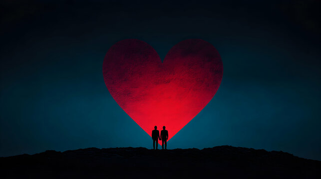 Naklejki Minimal art, Two men holding hands under a big red heart symbol at night, symbolizing love, minimal art