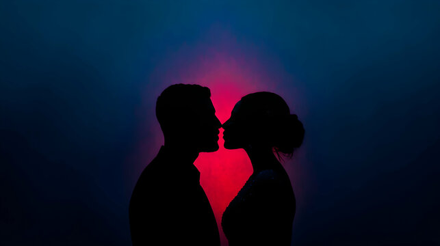 Naklejki Minimal art, Minimal art representing love and affection through silhouettes of a couple touching noses with colorful background