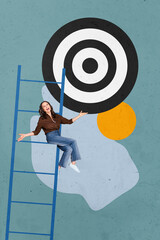 Fototapeta premium 3D photo collage template trend artwork composite of aged woman smile sit ladder career promotion target aspiration ambition aim success
