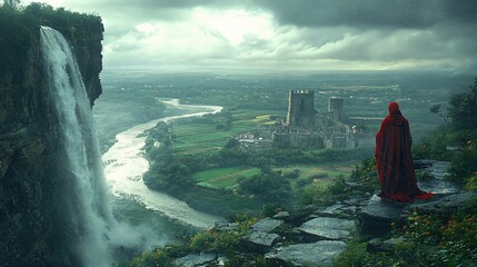 Fantasy landscape hooded figure overlooks castle, waterfall, river