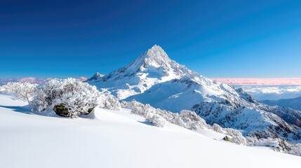 Snow-capped mountain peak under a clear blue sky, winter landscape, scenic view, ideal for travel brochures