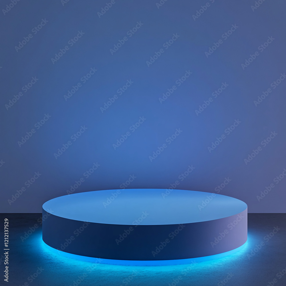 Poster illuminated blue podium with glowing edge for modern display or mockup design